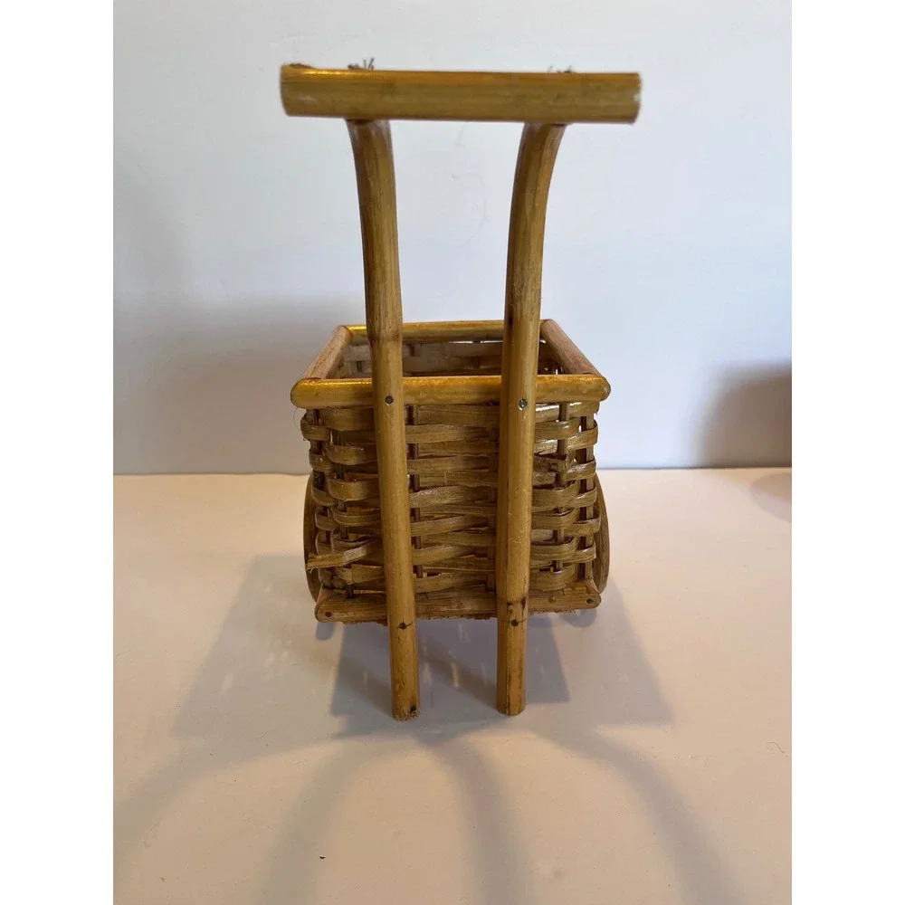 Vintage Wicker Bamboo Mini Push Cart Basket Decorative Planter Rolling Wheels